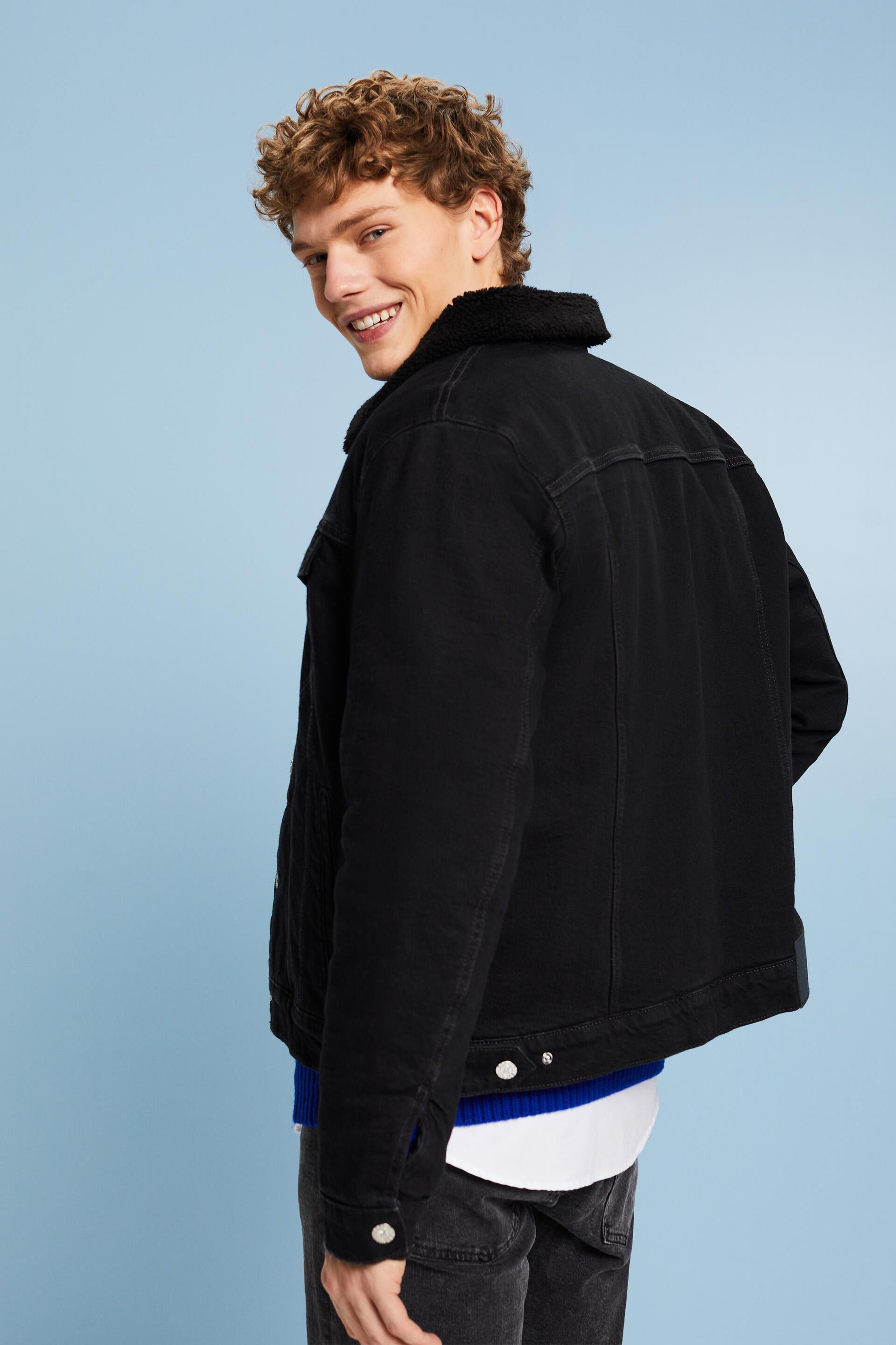 Black Denim Jacket with Plush Fur Accents - Menzstory